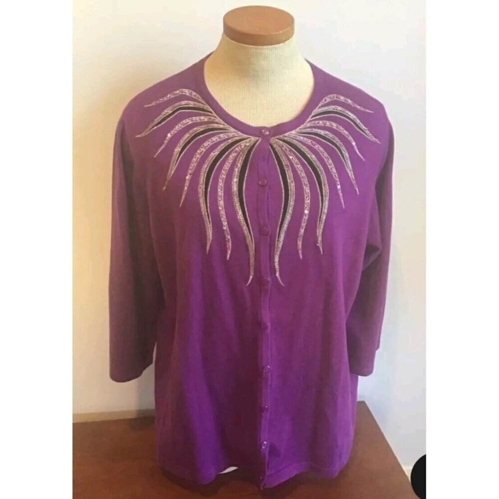 Nwt BOB MACKIE Wearable Art purple sequin cardigan Sweater XS NWT